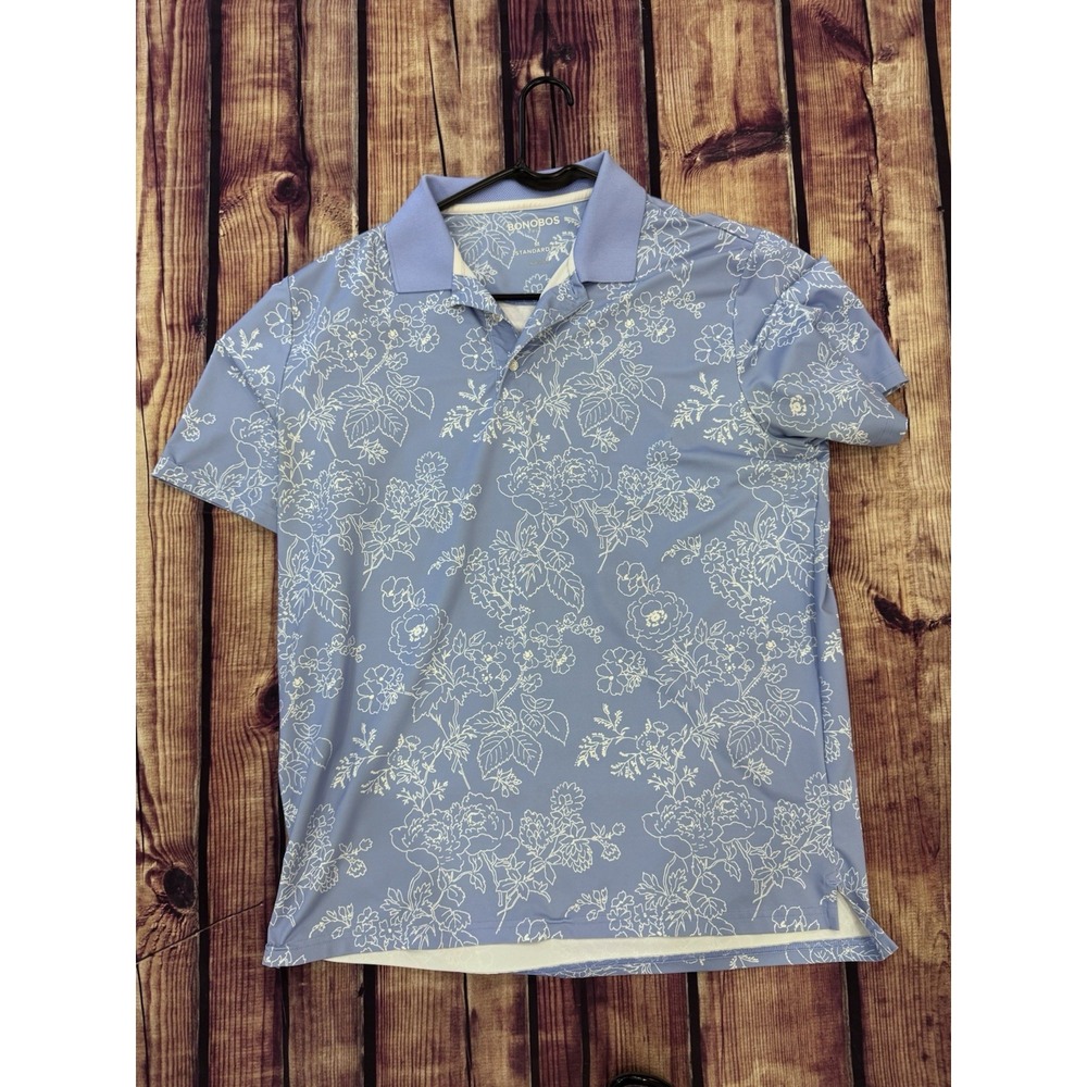 Bonobos Men's M Blue/White Floral Short Sleeve Collared Button Polo Shirt